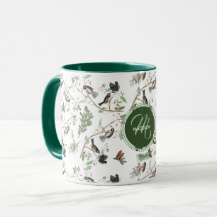 Chickadee Birds Berries & Pinecones Monogrammed Mug