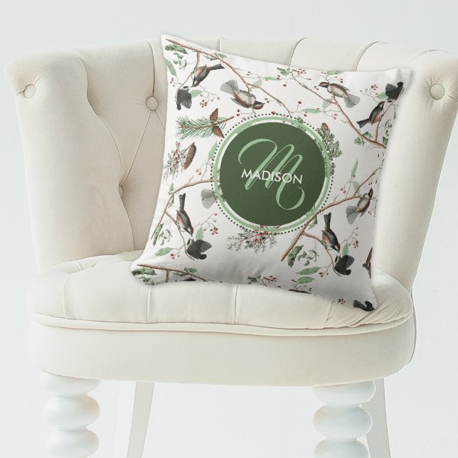 Chickadee Birds Berries & Pinecones Monogrammed Throw Pillow (Chickadee Birds Berries & Pinecones Monogrammed Throw Pillow)