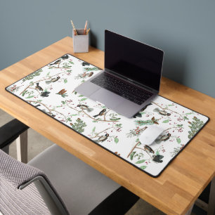 Chickadee Birds Berries & Pinecones Watercolor  Desk Mat