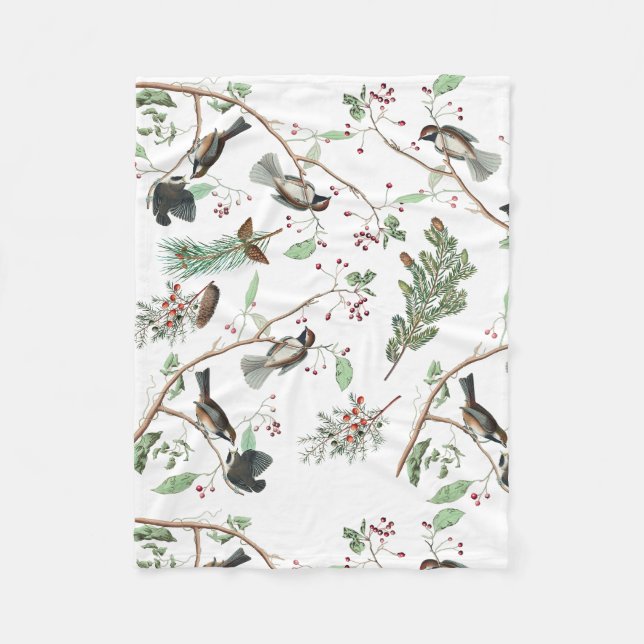 Chickadee Birds Berries & Pinecones Watercolor  Fleece Blanket (Front)