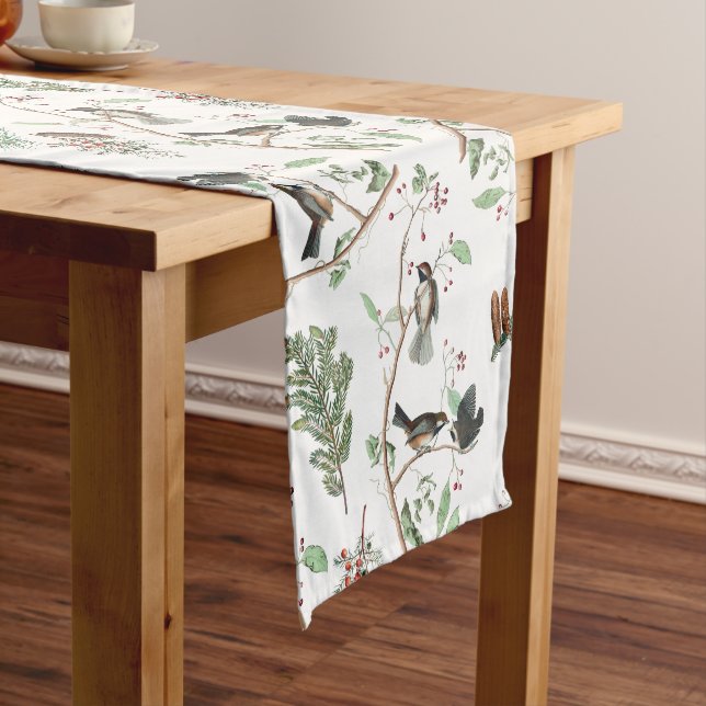Chickadee Birds Berries & Pinecones Watercolor  Long Table Runner (In Situ)
