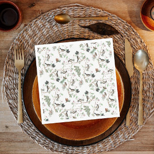 Chickadee Birds Berries & Pinecones Watercolor Napkin