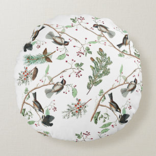 Chickadee Birds Berries & Pinecones Watercolor  Round Pillow