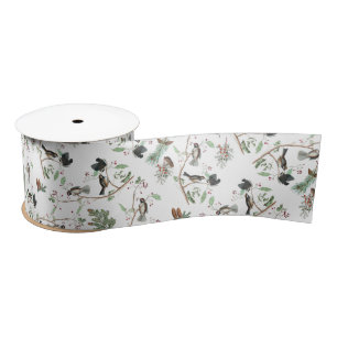 Chickadee Birds Berries & Pinecones Watercolor  Satin Ribbon