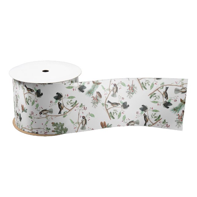 Chickadee Birds Berries & Pinecones Watercolor  Satin Ribbon (Spool)