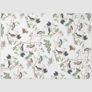 Chickadee Birds Berries & Pinecones Watercolor Tissue Paper
