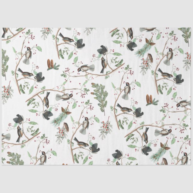 Chickadee Birds Berries & Pinecones Watercolor  Tissue Paper (Front)