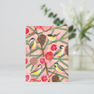 Chickadee birds Christmas tree Holiday Postcard