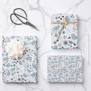 Chickadee Birds Cute Blue Gray Flowers Berries Wrapping Paper Sheet