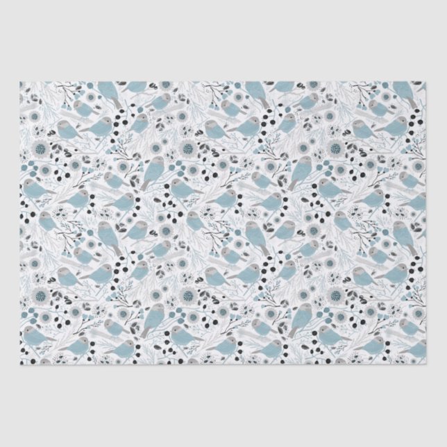 Chickadee Birds Cute Blue Grey Flowers Berries Tissue Paper (Front)