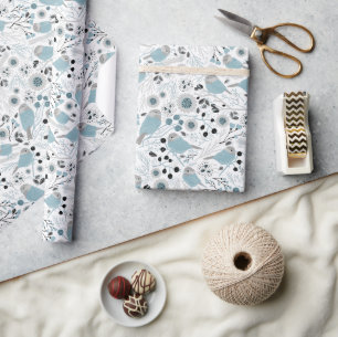 Chickadee Birds Cute Blue Grey Flowers Berries Wrapping Paper