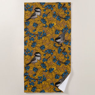 Chickadee birds on blueberry branches beach towel
