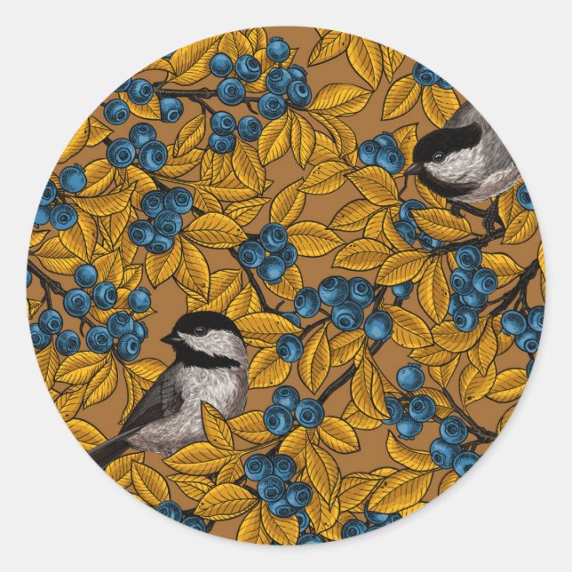 Chickadee birds on blueberry branches classic round sticker (Front)