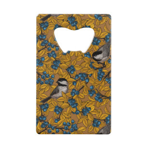 Chickadee birds on blueberry branches credit card bottle opener