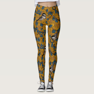 Chickadee birds on blueberry branches leggings