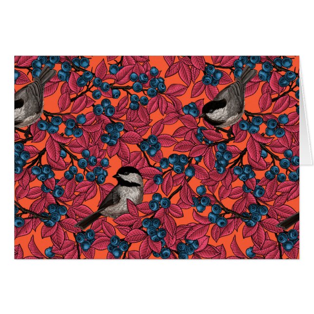 Chickadee birds on blueberry branches on orange (Front Horizontal)