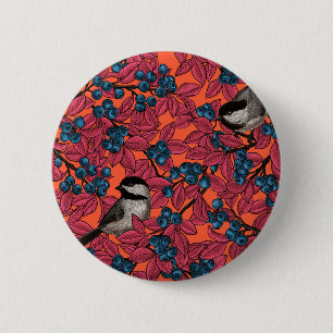 Chickadee birds on blueberry branches on orange 2 inch round button