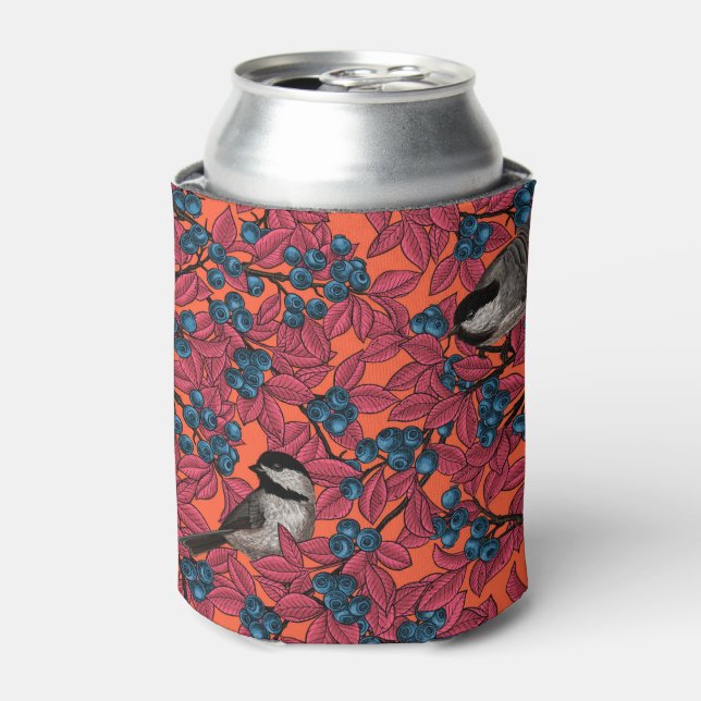 Chickadee birds on blueberry branches on orange can cooler (Can Front)