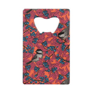 Chickadee birds on blueberry branches on orange credit card bottle opener