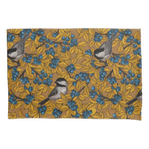 Chickadee birds on blueberry branches pillowcase