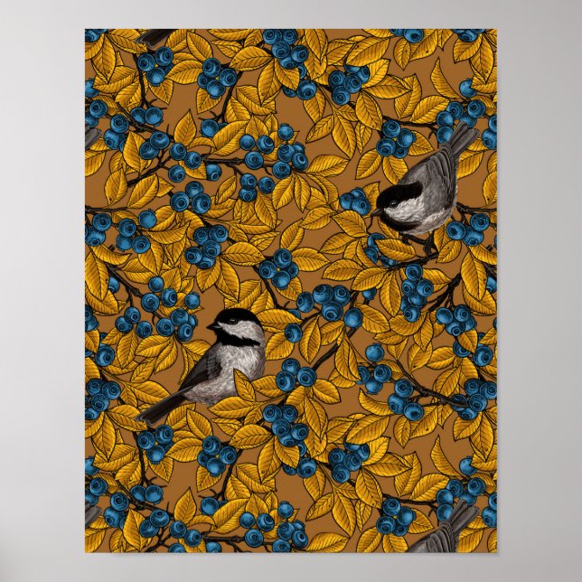 Chickadee birds on blueberry branches poster (Front)