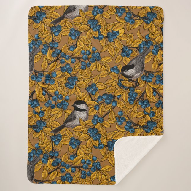 Chickadee birds on blueberry branches sherpa blanket (Front)