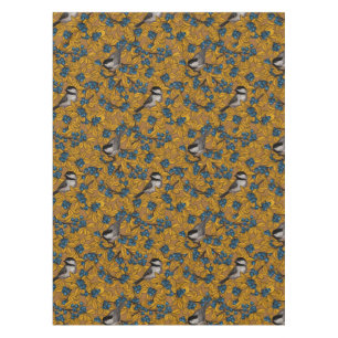 Chickadee birds on blueberry branches tablecloth