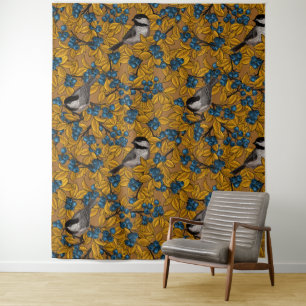 Chickadee birds on blueberry branches tapestry