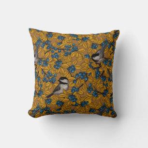 Chickadee birds on blueberry branches throw pillow