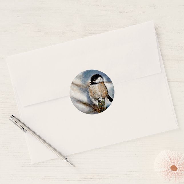 Chickadee Black Capped Art Classic Round Sticker (Chickadee Black Capped Art Classic Round Sticker from Jenn's Emporium. )