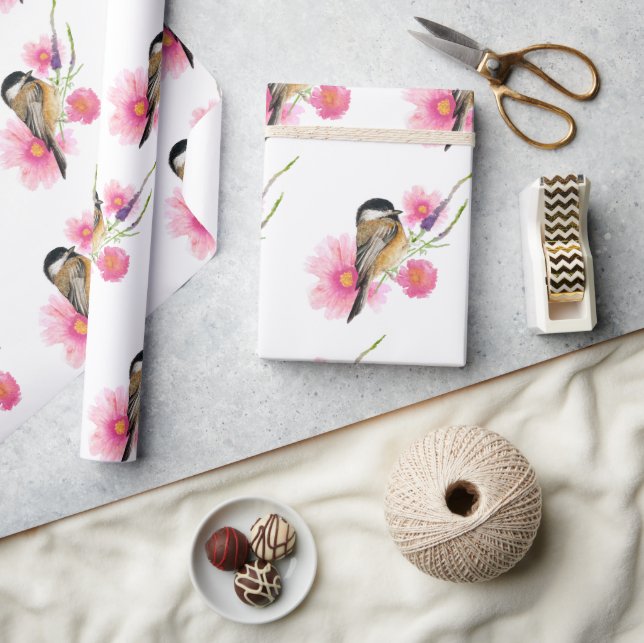 Chickadee Black Capped Watercolor Art Wrapping Paper (Crafts)