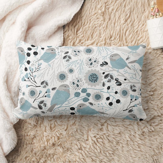 Chickadee Blue Grey Pattern Lumbar Pillow (Blanket)