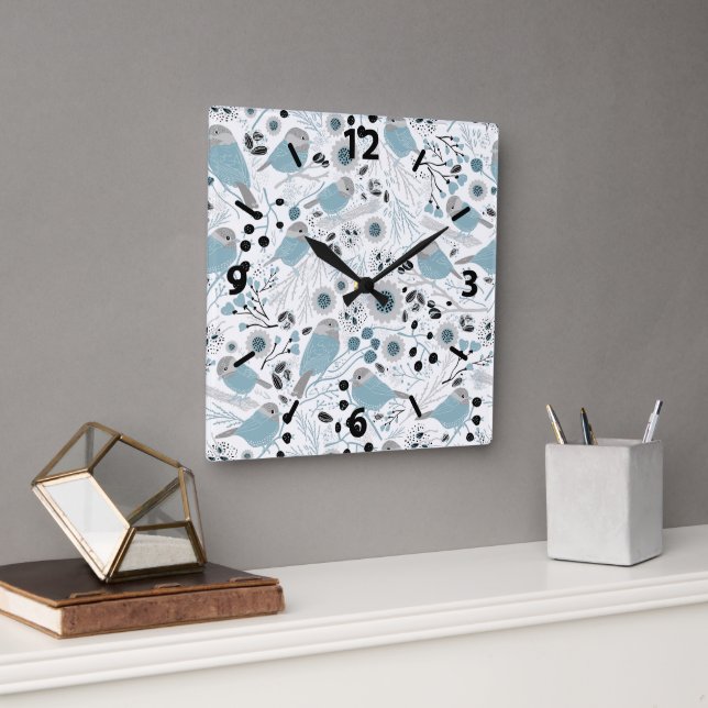 Chickadee Blue Grey Pattern Square Wall Clock (Office)