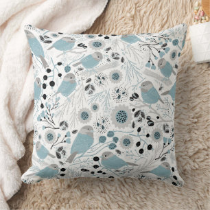 Chickadee Blue Grey Pattern Throw Pillow