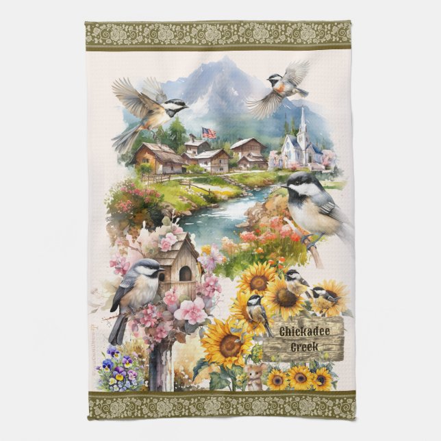 Chickadee Creek Idyllic Heavenly Rural Village Kitchen Towel (Vertical)