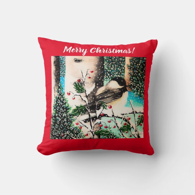 Chickadee de Noël Chatter Coussin rouge (Recto)