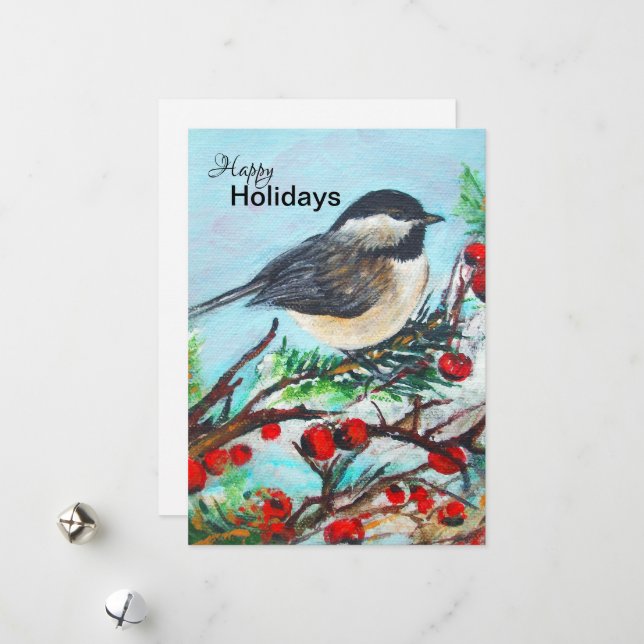 Chickadee d'hiver avec Berries Carte de vacances (Devant/Arrière en situation)