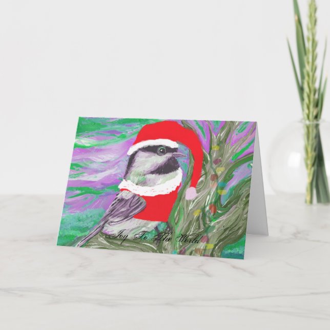 Chickadee dressed as Santa in a tree Holiday Card (Front)