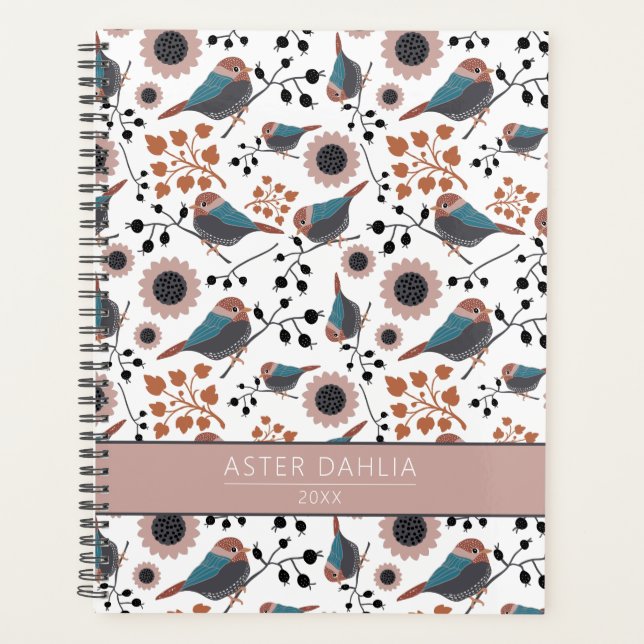 Chickadee Floral Pattern Blue Pink Customizable Planner (Front)