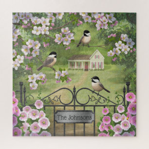 Chickadee Flowers Victorian Farmhouse Personalized Jigsaw Puzzle