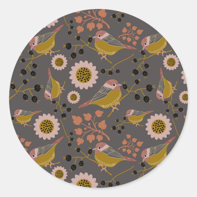 Chickadee Gold Pink Black Berries Flowers Pattern Classic Round Sticker (Front)