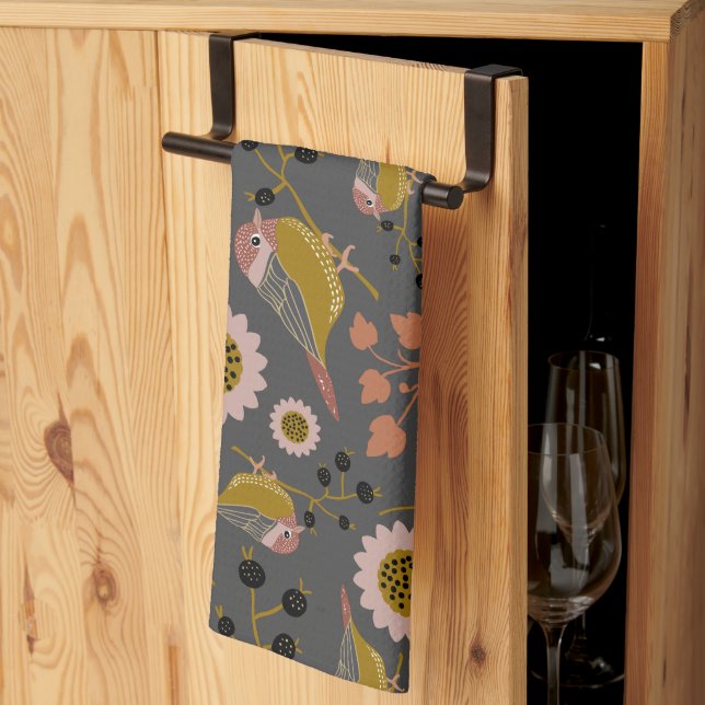 Chickadee Gold Pink Black Berries Flowers Pattern Kitchen Towel (Thirds Fold)