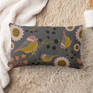 Chickadee Gold Pink Black Berries Flowers Pattern Lumbar Pillow