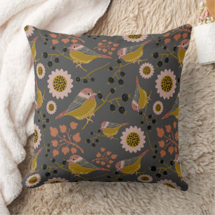 Chickadee Gold Pink Black Pattern Throw Pillow