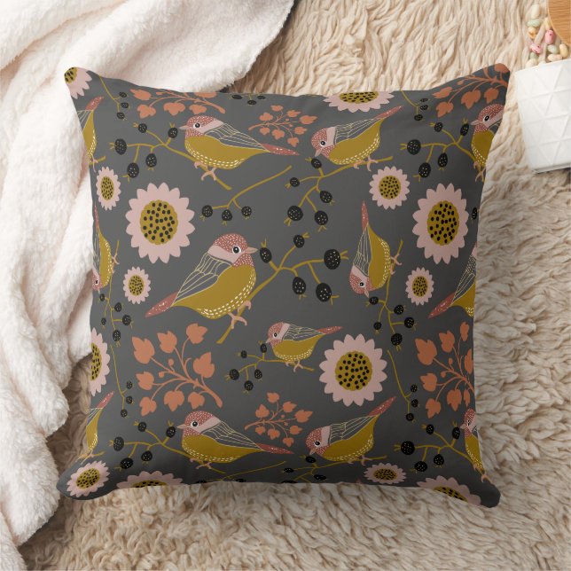 Chickadee Gold Pink Black Pattern Throw Pillow (Blanket)