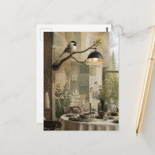 Chickadee in the Dining Room Surreal Collage Postcard