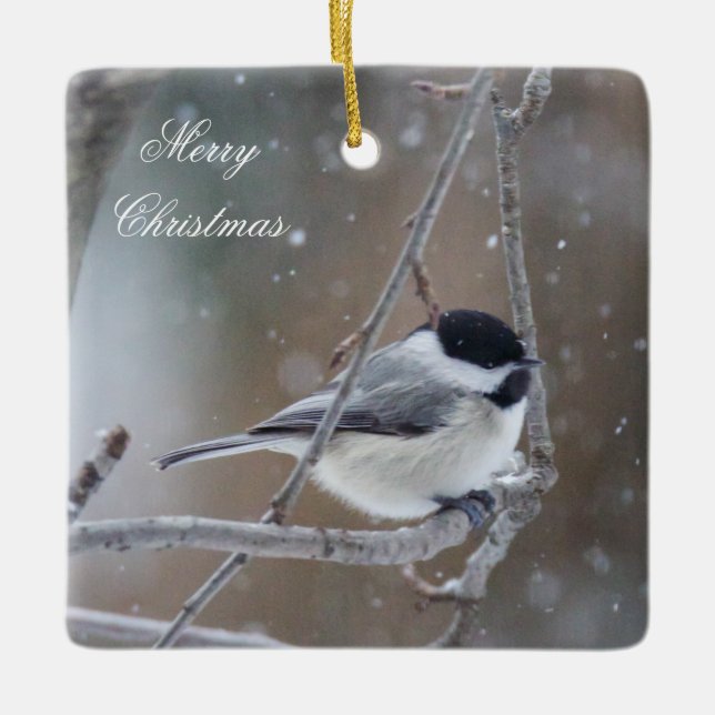 Chickadee in Winter Snow - Songbird Ceramic Ornament (Front)