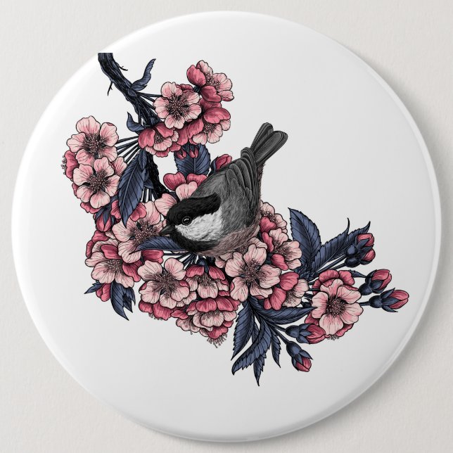 Chickadee on a blooming cherry branch 6 inch round button (Front)