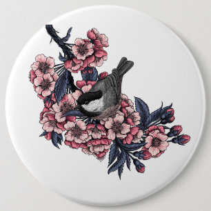 Chickadee on a blooming cherry branch 6 inch round button
