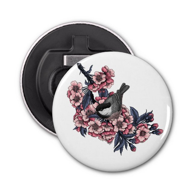 Chickadee on a blooming cherry branch bottle opener (Front)